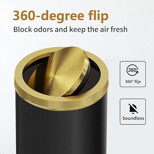 Brushed Gold Kitchen Trash Can with Swing Lid 7.8Gallon,Stainess Steel Commercial Garbage Can Wastebaskets for Shopping mall,Hotel Lobby,Airport, Alevator Using (Black with gold lid, 7.8 gallon)-DeskLoop Office