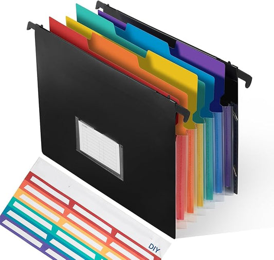 TRANBO 7-Pockets Hanging File Folder with Retractable Hooks for Filing Cabinet, Letter Size Expandable Accordion File Organizer with Elastic Band for File Frame or On-The-Go Use (1 Pack)-DeskLoop Office