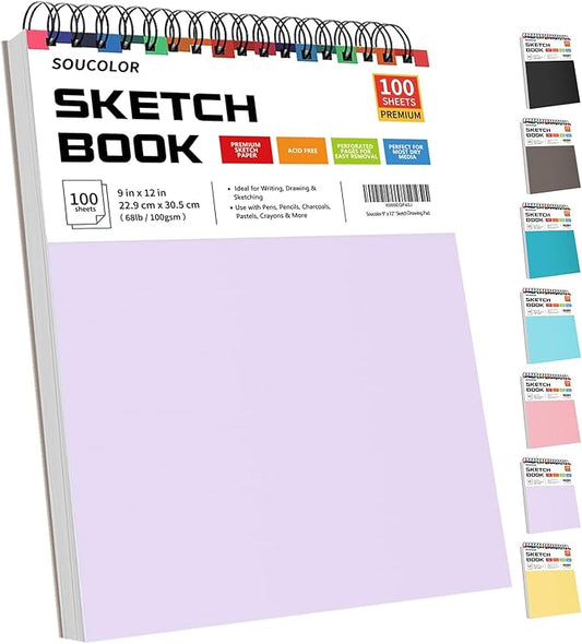 Soucolor 9" x 12" Aesthetic Sketch Book, 1-Pack 100 Sheets School Supplies Cute Sketchbook for Women, Japanese Stationary Sketching Supplies for Kids Teen Girl Gifts Birthday Gifts, Pastel Purple-DeskLoop Office