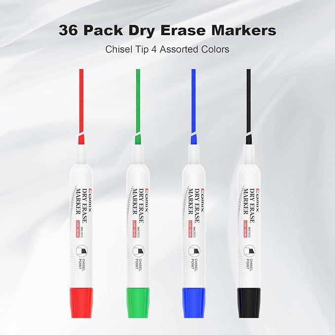 Comix Low Odor Dry Erase Markers, Chisel Tip White Board Markers, 36 Bulk 4 Colors Thick Markers for Kids Teachers-DeskLoop Office