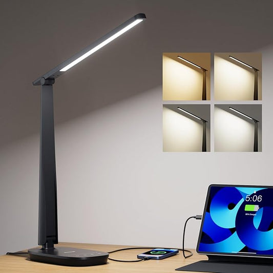 HONEYWELL Desk Lamp for Home Office, Dimmable LED Desk Light with USB A+C Dual Charging, 4 Modes Brightness Touch Lamp with Timer, Eye Caring Foldable Reading Light, Table Lamp for Study Nightstand-DeskLoop Office