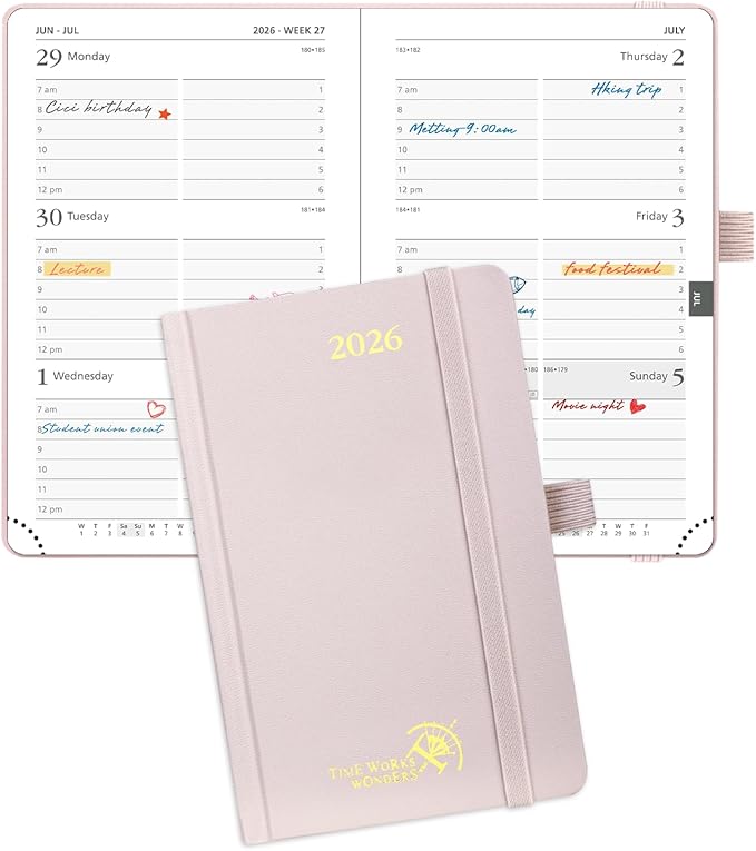 POPRUN 2026 Planner (Pocket Size 4''x 6.25'' Hardcover) - Small Calendar for Purse with Hourly Schedule & Vertical Weekly Layout, Monthly Calendars, 100 GSM - Light Pink-DeskLoop Office