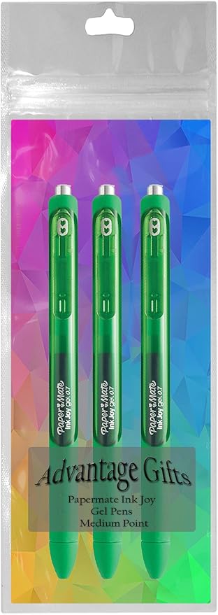 Paper Mate InkJoy Gel Pens, Green Ink, Medium Point (0.7mm), 3 Count, Bundle with Plastic Reusable Pouch-DeskLoop Office