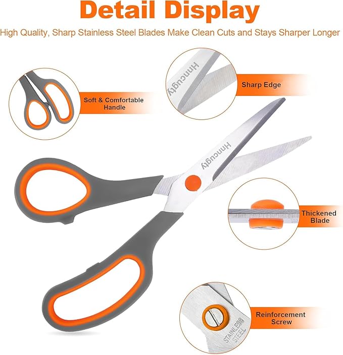 Scissors for Office School Supplies, Hnncugty 8" Scissors All Purpose Bulk Set of 24-Pack, Sharp Shears for Home Craft Sewing Fabric, Middle School Student Teacher Supplies, Comfort Right/Left Handed-DeskLoop Office