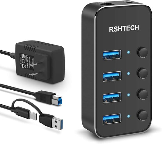 USB 3.0 Hub RSHTECH 4 Port Powered USB 3.0/USB C Hub Upgraded Version with 2-in-1 3.3ft USB Cable,5V Power Adapter and Individual Switches, Portable Aluminum USB Splitter for Laptop and PC, RSH-ST04-DeskLoop Office