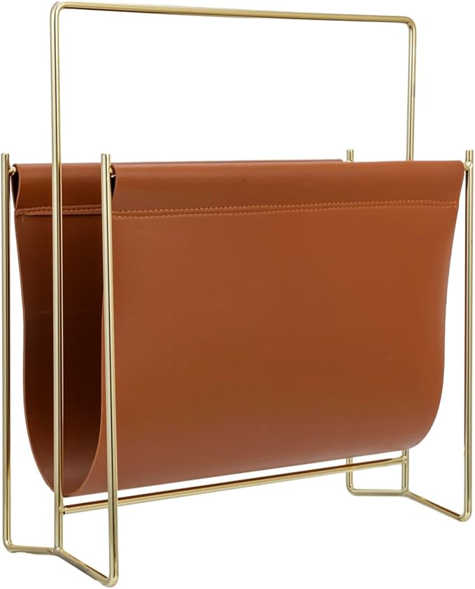 MyGift 13 inch Modern Caramel Leatherette Magazine Holder Floor Standing Sling Style Rack with Brass Tone Metal Frame-DeskLoop Office
