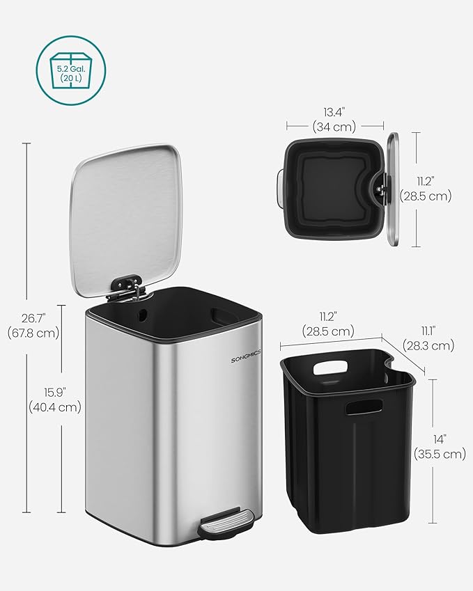SONGMICS Kitchen Trash Can, 5.2-Gallon (20 L) Trash Bin, Stainless Steel Garbage Can, with Inner Bucket, Soft Close and Stays Open, Metallic Silver ULTB592E01-DeskLoop Office