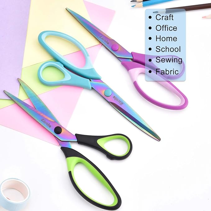 8.5" Scissors All Purpose, Multipurpose Office Scissors Set of 3 pack, Sharp Titanium Coating Blade and Soft Comfort-Grip Sturdy Scissors for Fabric School Craft Sewing Home, Right/Left Handed-DeskLoop Office