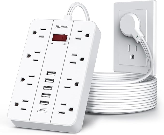 10 Ft Long Extension Cord,Power Strip Surge Protector HUNIAN Flat Plug with 8 Widely Spaced Outlets 6 USB(1 USB C Port), Wall Mount Charging Station for Home and Office,White-DeskLoop Office