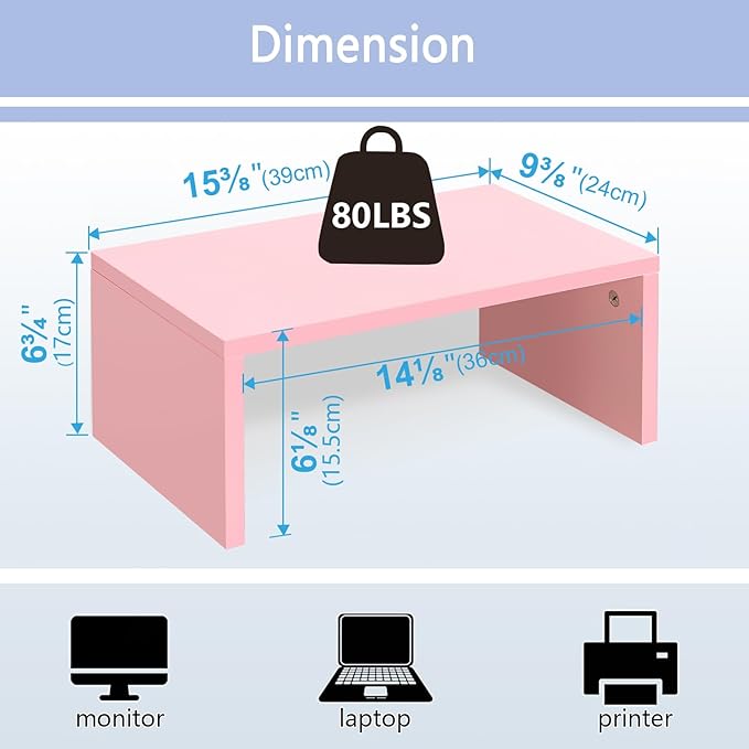 TEAMIX Pink Monitor Stand Riser-6.7 inch, Wood Higher Monitor Riser with Storage for Desk, Laptop Riser Computer PC Stand for Desktop Workspace Home Office(Pink-Higher)-DeskLoop Office