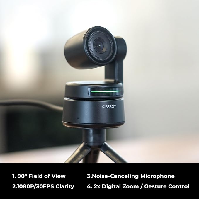 OBSBOT Tiny 1080P PTZ Webcam with AI Tracking, Auto Framing, Noise Reduction, and Gesture Control-DeskLoop Office