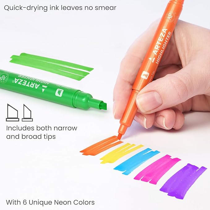 ARTEZA Highlighters Assorted Colors, Set of 60, Wide & Narrow Chisel Tip Pens-DeskLoop Office