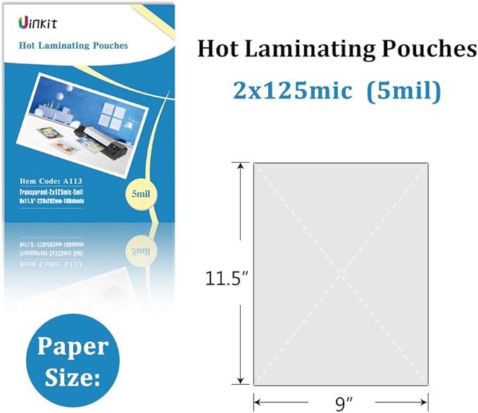Uinkit Hot Thermal Laminating Pouches 5Mil Thick 9x11.5 Inches Laminating Sheets for Sealed Letter Size 8.5x11inches Photo and Documents 100 Pack Clear Laminated Paper-DeskLoop Office