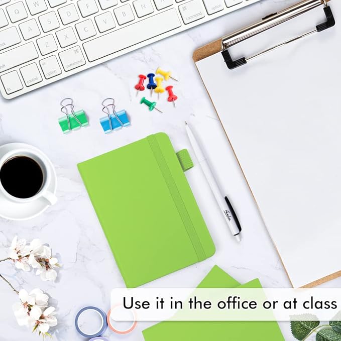 feela 6 Pack Pocket Small Notebooks Bulk, Mini Cute Memo Notepads Hardcover College Ruled Lined Journals with Pen Holder for Women Girls Office School, with 6 Black Pens, 3.5”x 5.5”, A6, Green-DeskLoop Office