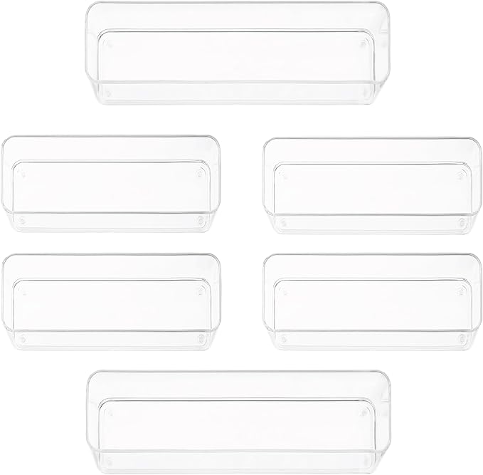 Six Pcs. Plastic Clear Drawer Organizers. Stackable Storage Trays for Kitchen Utensils and Silverware. 2 Sizes. Stackable-DeskLoop Office