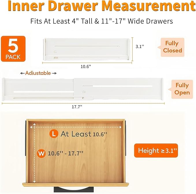 5 Pack Drawer Dividers 3.1" Slim Height Drawer Separators, Non-Slip Plastic Drawer Organizers Expandable 10.6"-17.7" for Shallow Drawers,Kitchen & Clothes Storage, Adjustable Office Drawer Divider-DeskLoop Office