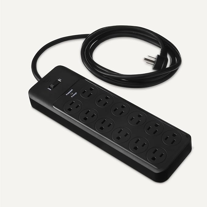 Amazon Basics Surge Protector Power Strip, 12-Outlet, 4000 Joules, 8ft Extension Cord, Rectangle, for Home, Office, Gaming Room, Black-DeskLoop Office