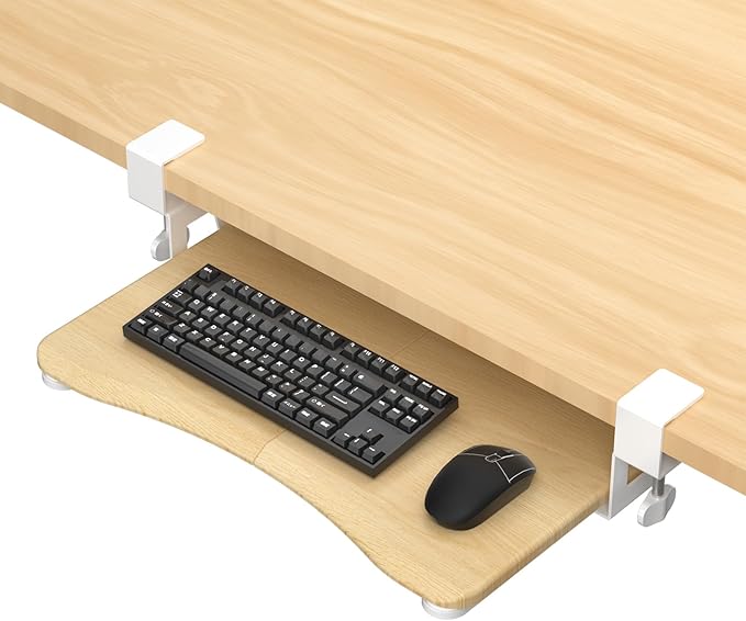 suptek Small Keyboard Tray Under Desk Pull Out with C Clamp Mount for Computer Keyboard, 20 (24.2 Including Clamps) x 11.8 inch Slide-Out Platform Computer Drawer for Typing, Light Wood, DSF1SQM-DeskLoop Office