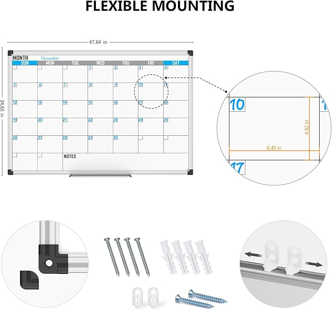 XBoard Magnetic Calendar Whiteboard 48" x 36" - Monthly Calendar Dry Erase Board, White Board + Colorful Calendar Board, Silver Aluminium Framed Monthly Planning Board-DeskLoop Office