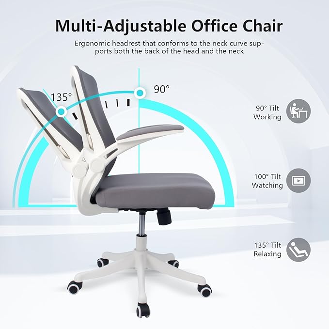 Ergonomic Comfort Home Desk Office Chair, Mid Back Computer Gaming Chair with Wheels, Adjustable Height, Lumbar Support, Flip-up Armrest with 350LBS Capacity (White Grey)-DeskLoop Office