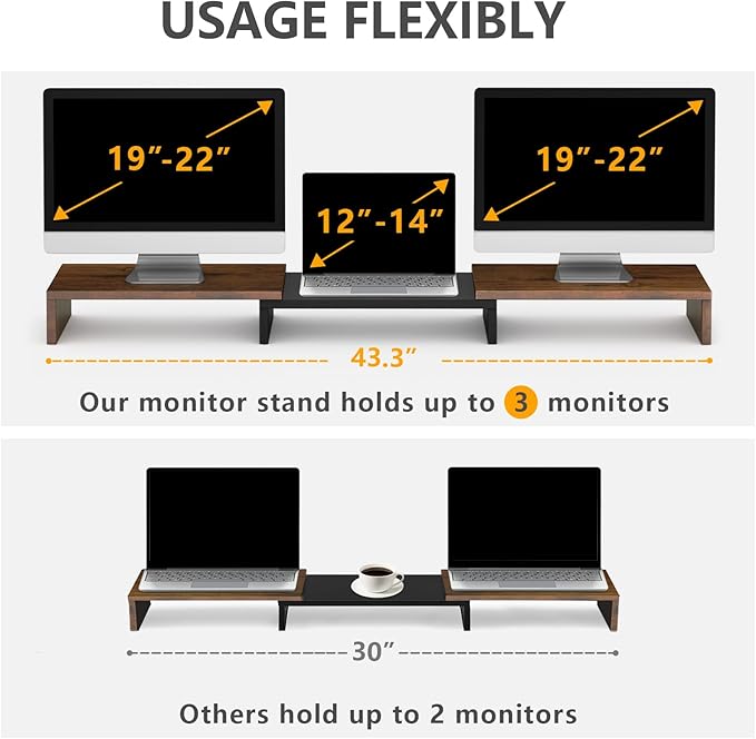 TAVR Dual Monitor Stand Riser, Computer Monitor Stands for 2 Monitors, Extra Long Multifunctional Desktop Organizer Riser for Computer, Laptop, PC, Printer, TV, Max 43.3" Length, Rustic Brown-DeskLoop Office