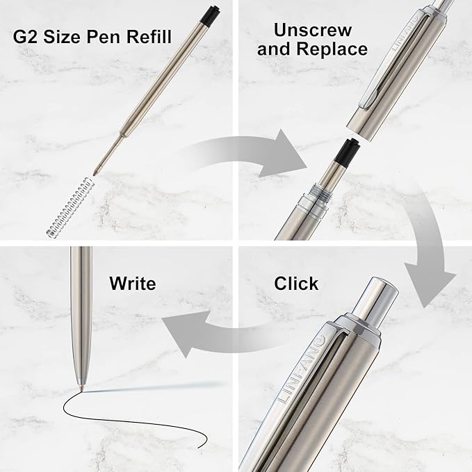 LINFANC 8 Pack Ballpoint Pens, Premium Retractable Metal Ballpoint Pen, Medium Point 1.0mm Black Ink Pen for Home School Work Office Supplies, Stainless Steel Trim, Extra 8 Refills-DeskLoop Office