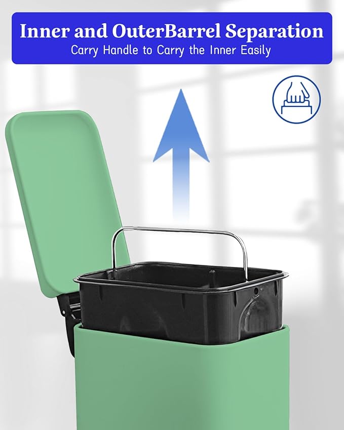 Bathroom Trash Can with Lid,5 Liter / 1.3 Gallon Small Trash Can with Removable Liner Bucket, Soft Close lid & Step Pedal, Stainless Steel Trash Bin for Bathroom,Bedroom,Home Office, Green-DeskLoop Office