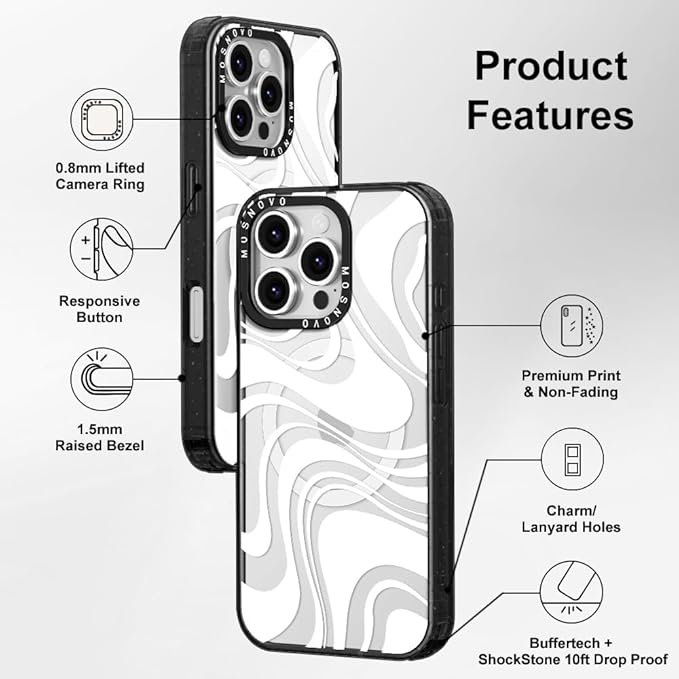 MOSNOVO Magnetic Case for iPhone 16 Pro, 10ft Military-Grade Protection, Compatible with Magsafe, Shockproof Phone Case for iPhone 16 Pro - White Swirl - Clear Black-DeskLoop Office