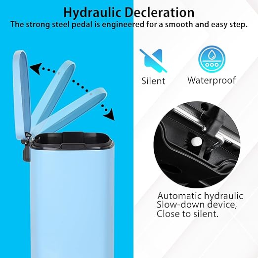 PayLessHere Stainless Steel Trash Can with Lid - Removable Inner Bucket, Foot Pedal Soft Close for Office, Home, Kitchen Garbage Bin (Blue, 13 G)-DeskLoop Office