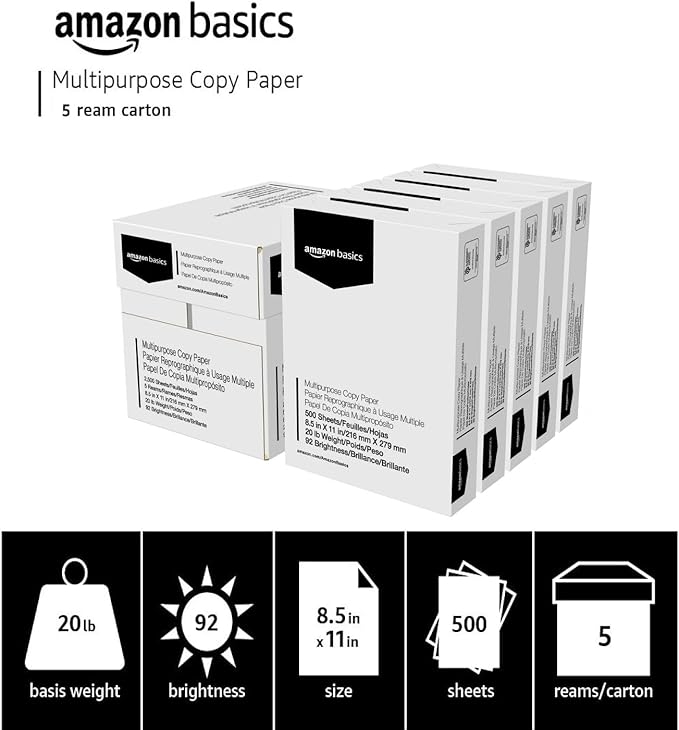 Amazon Basics Multipurpose Copy Printer Paper, 20 lb, 8.5 x 11 Inches, 5 Reams (2,500 Sheets), 92 Bright, White-DeskLoop Office