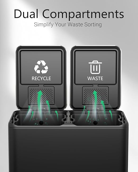 TLSUNNY Kitchen Dual Trash Can, 60L Hands-Free Stainless Steel Garbage Can, Classified Rubbish Bin with Double Compartments, Soft-Close Lid, Inner Bucket, Odor Control (60L) (Black)-DeskLoop Office