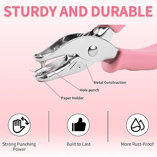 Single Hole Punch, 2 Pcs Hand Hole Puncher with Soft Grip Handle, 1/4" and 1/8" Small Hole Paper Punch for Crafts, Scrapbooks, 6 Sheets Capacity, Tags, Tickets - Pink-DeskLoop Office