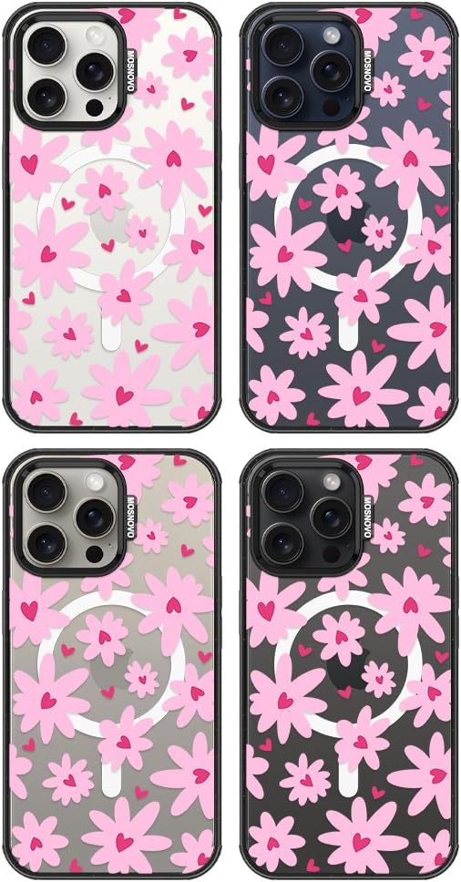 MOSNOVO Magnetic Case for iPhone 15 Pro Max, 10ft Military-Grade Protection, Compatible with Magsafe, Shockproof Phone Case for iPhone 15 Pro Max - Love in Bloom - Clear Black-DeskLoop Office