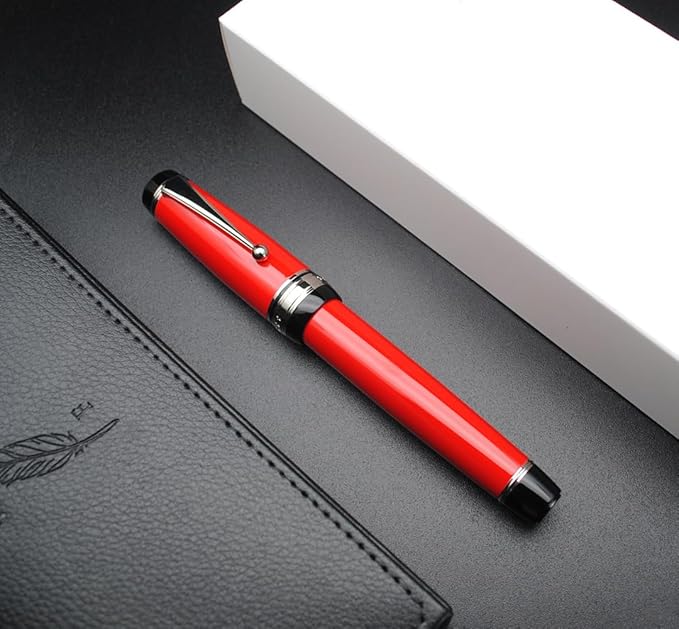 Metal Big Fountain Pen Set Medium Nib 0.7mm, Includes Ink Refill Converter, 5 Ink Cartridges & Gift Box (Medium Nib 0.7mm, Red with Silvery Clip)-DeskLoop Office