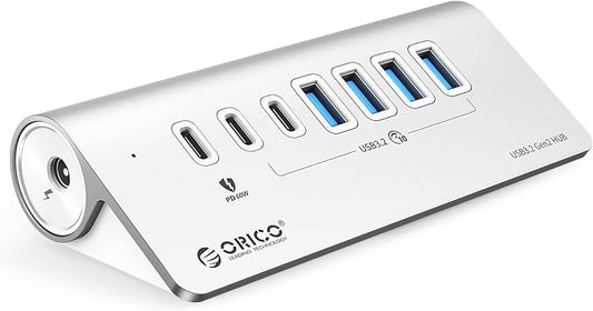 ORICO 7 Port USB Hub 10Gbps, Aluminum USB 3.2 Gen 2 Hub, 6 USB 3.2 Data Ports, PD 60W Ports, 1.64Ft C to C Cable, USB Data Hub for Laptop-DeskLoop Office