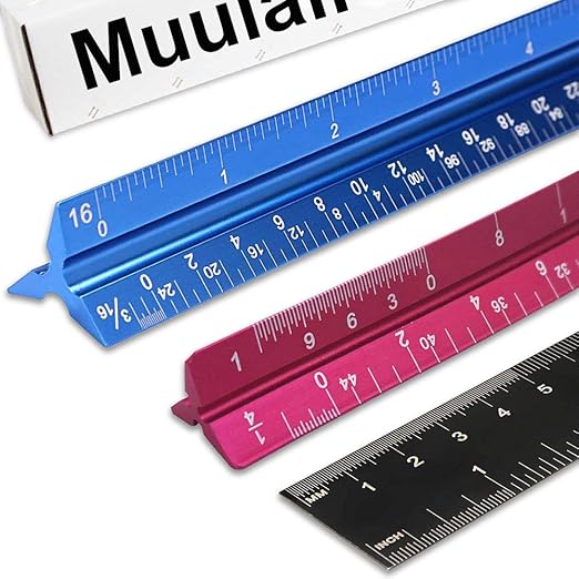 Set of 3 Aluminum Engineering Scale Metal Ruler Set, Architectural Scale Rulers 12 Inch and 6 Inch Triangle Ruler and 12 Inch Straight Edge Ruler Drafting Tools for Architects, Draftsman-DeskLoop Office