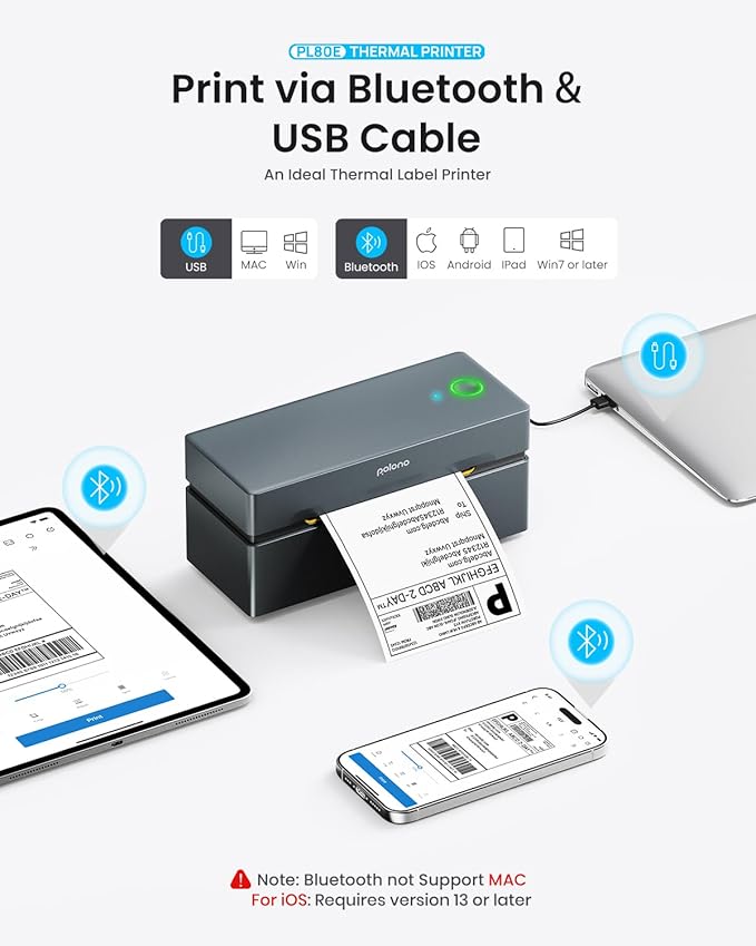 POLONO Bluetooth Thermal Shipping Label Printer, Wireless 4x6 Shipping Label Printer for Small Business, Support iOS, Android, Windows and Mac, Compatible with Amazon, Ebay, Shopify, Etsy, USPS (Grey)-DeskLoop Office