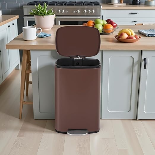 PayLessHere Stainless Steel Trash Can with Lid - Removable Inner Bucket, Foot Pedal Soft Close for Office, Home, Kitchen Garbage Bin (Brown, 13 G)-DeskLoop Office