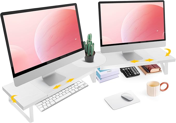 Dual-Monitor-Riser-Stand-For-Desk, Large Monitor Stand Riser For 2 Monitors With Adjustable Length Angle, Double Computer Riser For Desktop Organizer, Monitor Shelf Riser-DeskLoop Office
