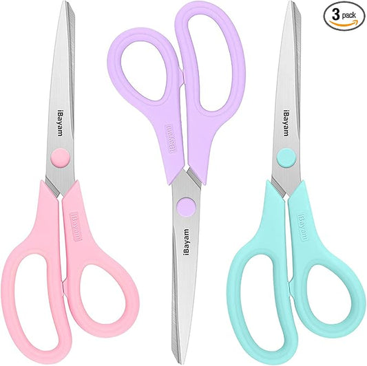 Scissors, iBayam 8" All Purpose Scissors Bulk 3-Pack, Ultra Sharp 2.5mm Thick Blade Shears Comfort-Grip for Office Desk Accessories Sewing Fabric Home Craft School Supplies, Right/Left Handed-DeskLoop Office