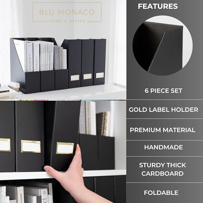 BLU MONACO Declutter in Style - Set of 6 Black Foldable Magazine File Holders with Gold Label Holders - Cardboard Magazine Storage Box & Desk Organizer for Workspace and Shelves-DeskLoop Office