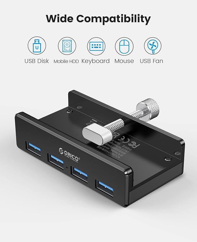 ORICO USB 3.0 Hub, USB Hub Clamp, Aluminum 4-Port USB Splitter with 4.92 FT USB Data Cable, Desktop Powered USB Hub for Monitors/Desks-Black (Without Power Adapter)-DeskLoop Office