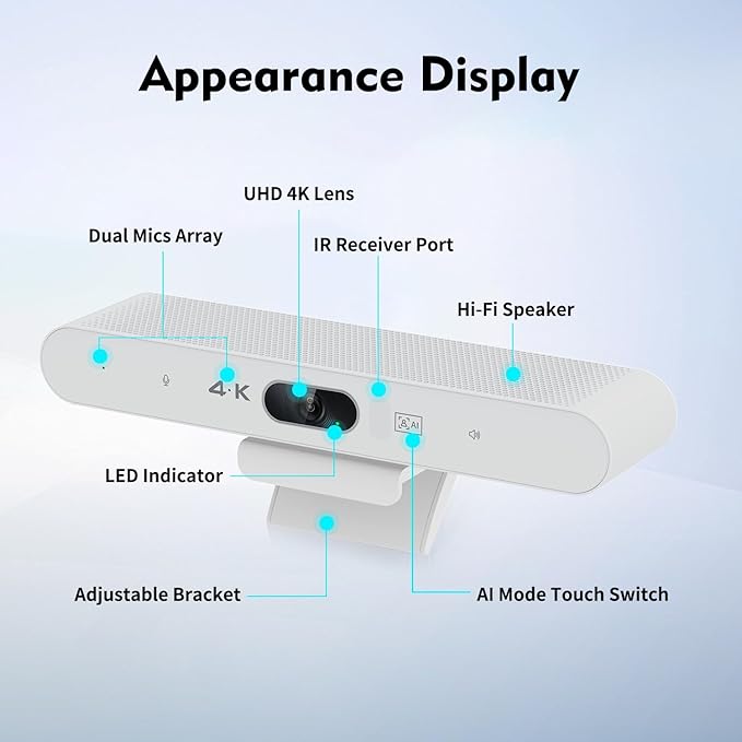 TOALLIN 4K Webcam with Microphone and Speaker, All-in-One Video Conferencing Camera, USB Video Bar, AI Auto-Framing & Speaker-Tracking, Conference Room Web Camera for Laptop, Meetings, Video Calls-DeskLoop Office