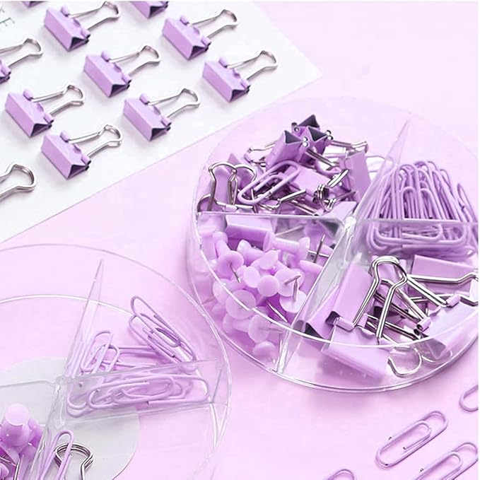 Purple Paper Clips and Binder Clips Set, 216 pcs, Metal Assorted Sized Binders with Push Pins, Cute Office Supplies for Desk, Durable Desk Accessories, 3 Pack-DeskLoop Office