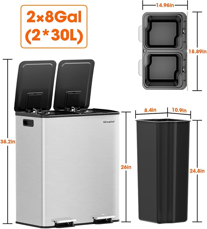 Lovewind Kitchen Trash Can, 2 x 8 Gallon (2 x 30 L) Stainless Steel Trash and Recycle Bin Combo with Soft-Close Lid, Dual Compartment Recycling Kitchen Step Trash Bin, Silver-DeskLoop Office