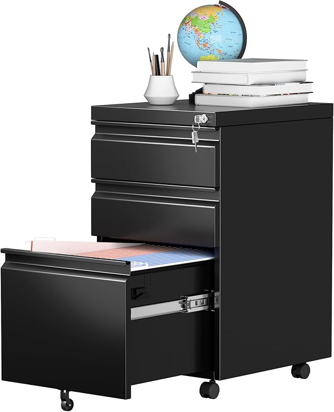 3 Drawer Steel Mobile File Cabinet with Lock for Legal/Letter/A4 Folders, 23.6''H Rolling File Cabinet for Home, Office, Fully Assembled Except Wheels, Black-DeskLoop Office