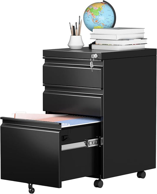 3 Drawer Steel Mobile File Cabinet with Lock for Legal/Letter/A4 Folders, 23.6''H Rolling File Cabinet for Home, Office, Fully Assembled Except Wheels, Black-DeskLoop Office