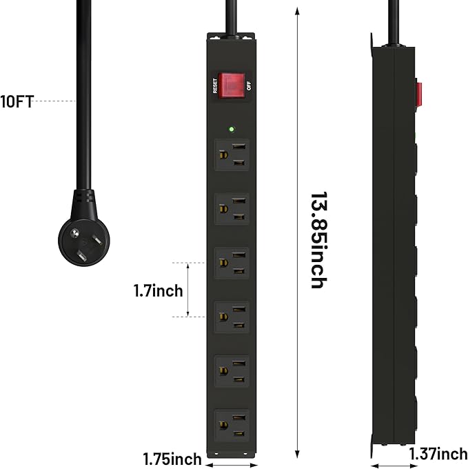 KF 6 Outlet Metal Wall Mount Power Strip, 2100J Surge Protection Heavy Duty Power Strip, 15A/1875W Mountable Power Strips with Upgraded Switch, 14AWG 10FT Power Cord, Black-DeskLoop Office