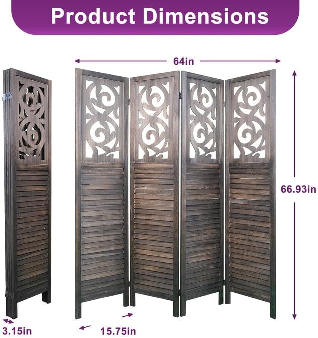 Room Divider, 5.6FT Folding Room Divider Panel, 4 Panel Craved Wood Partition Wall Divider for Room Separation, Rustic Brown-DeskLoop Office