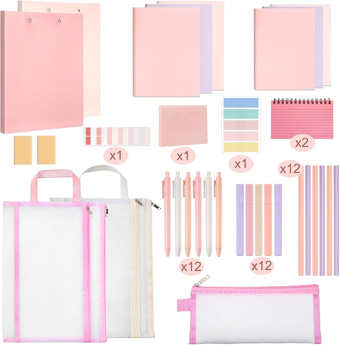 Colarr 54 Pieces Aesthetic School Supplies Including Pastel Highlighters Document Bags Pencils Notebooks Pencil Pouch Ink Pens Sticky Notes Erasers Back to School Gift Stationary Kit (Pink)-DeskLoop Office